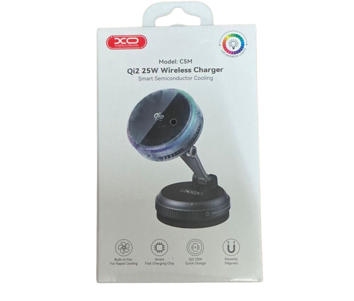 XO C5M Qi2 25W wireless car charger packaging box showing smart semiconductor cooling features from Lebtech Store Lebanon
