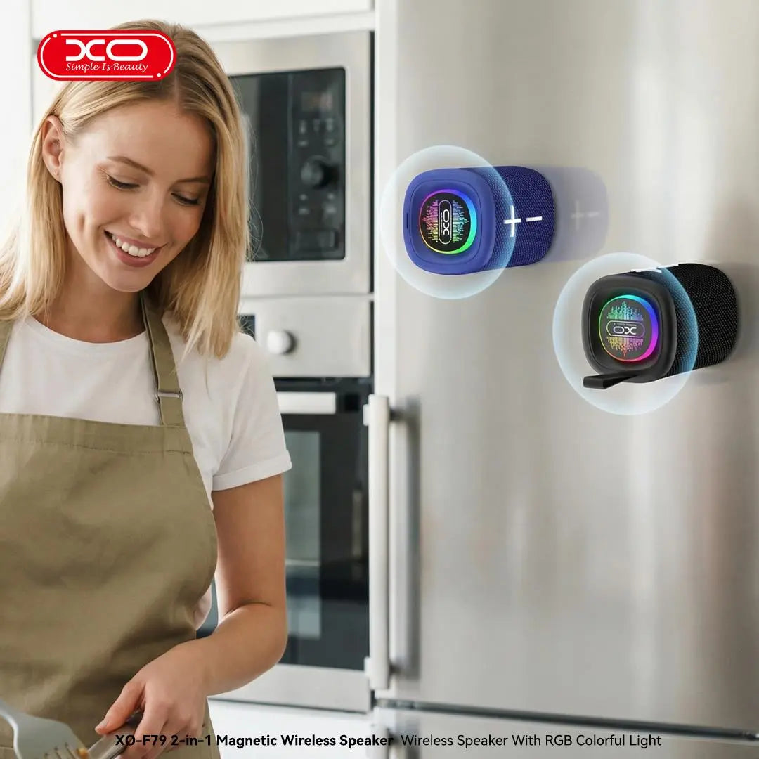 XO F79 2-in-1 magnetic wireless speaker split and attached to a stainless steel refrigerator door from Lebtech Store Lebanon
