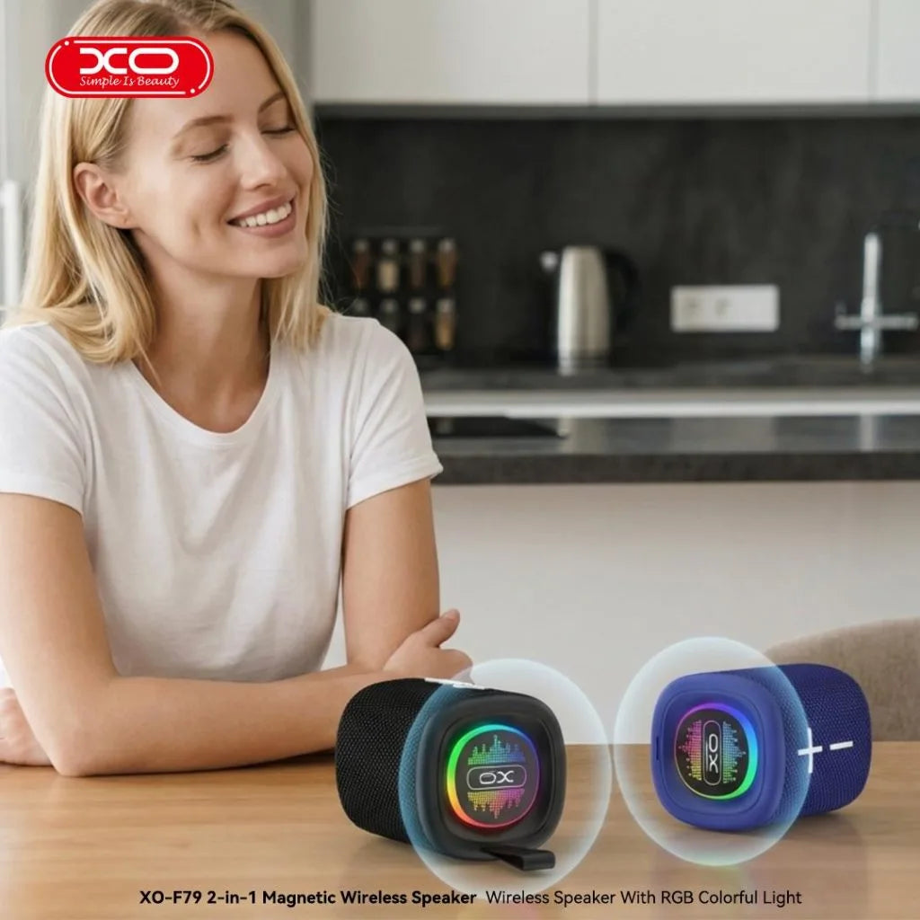 XO F79 2-in-1 magnetic wireless speaker split on a kitchen table showcasing lifestyle use from Lebtech Store Lebanon
