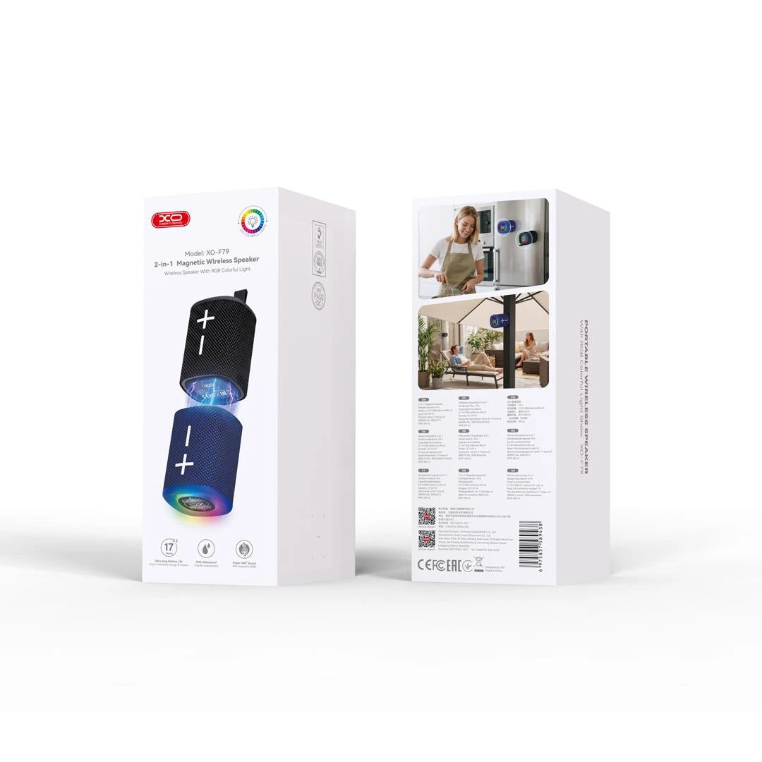 XO F79 2-in-1 magnetic wireless speaker packaging boxes showing product features and specs from Lebtech Store Lebanon
